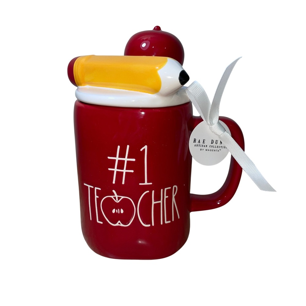 Rae Dunn #1 Teacher Red Mug with Apple and Pencil Lid Topper New